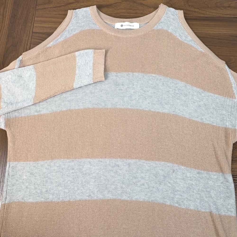 The Impeccable Pig Cold Shoulder Striped Sweater Natural Grey S/M NWT Preppy